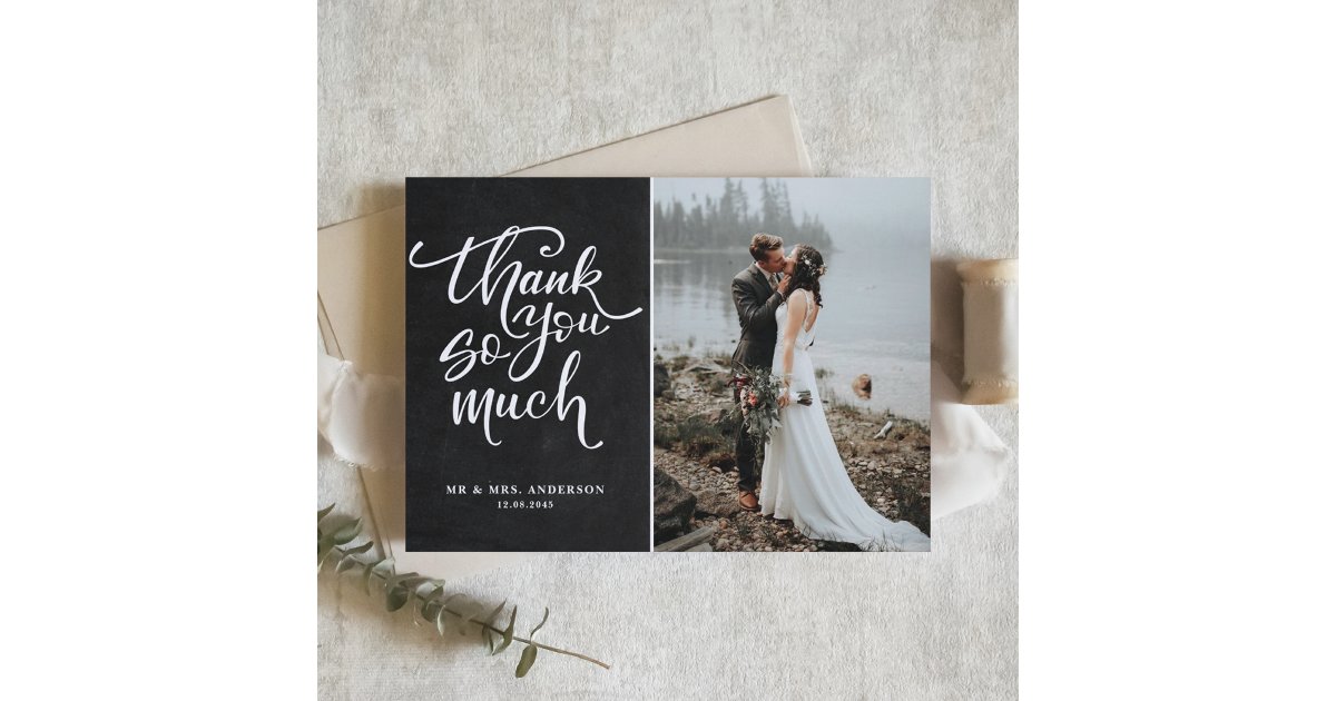 Rustic Chalkboard Hand Lettered Photo Wedding Thank You Card | Zazzle