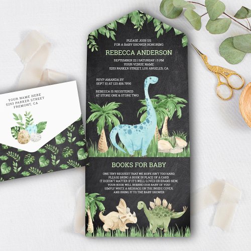 Rustic Chalkboard Jungle Cute Dinosaur Baby Shower All In One Invitation