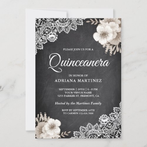 Rustic Chalkboard Lace Ivory Floral Quinceanera Invitation