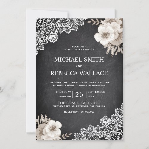 Rustic Chalkboard Lace Ivory Floral Wedding Invitation