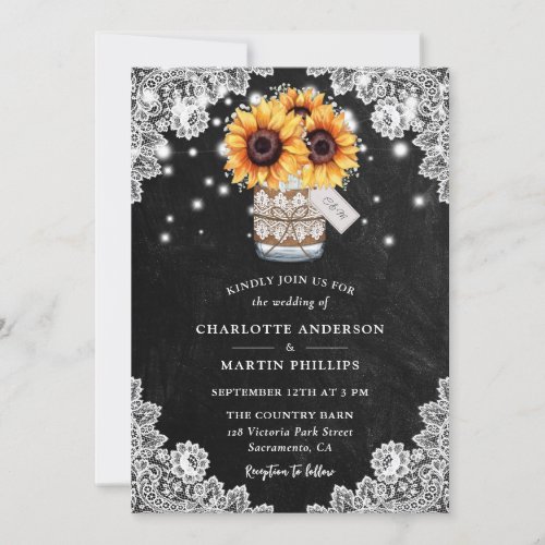 Rustic Chalkboard Lace Mason Jar Sunflower Wedding Invitation