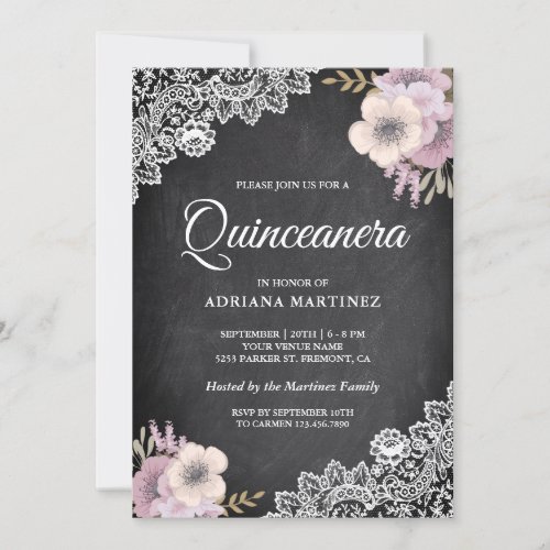 Rustic Chalkboard Lace Pink Floral Quinceanera Invitation