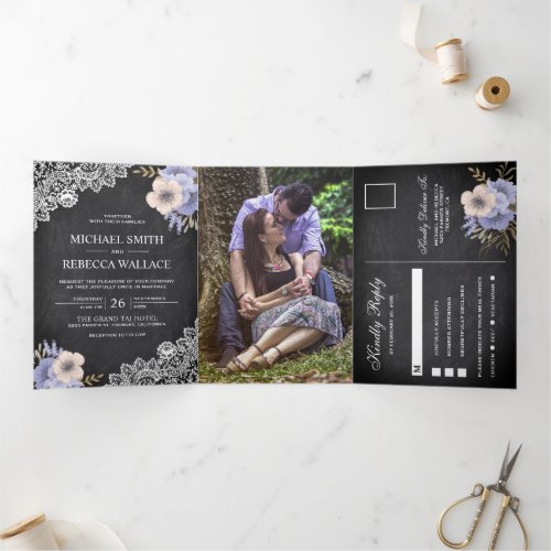 Rustic Chalkboard Lace Purple Floral Wedding Photo Tri_Fold Invitation