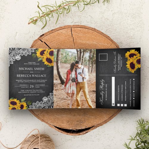 Rustic Chalkboard Lace Sunflower Wedding Photo Tri_Fold Invitation