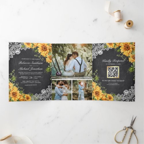 Rustic Chalkboard Lace Sunflowers QR Code Wedding Tri_Fold Invitation