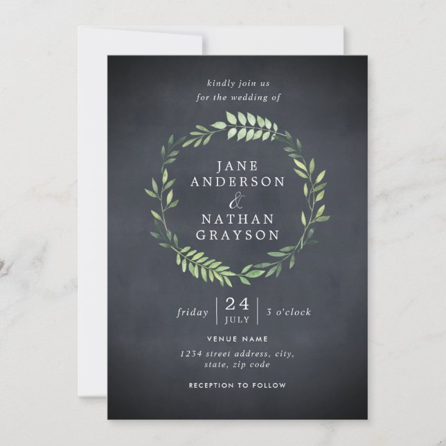 Rustic Chalkboard Leaf Wreath Wedding Invitation (Front)