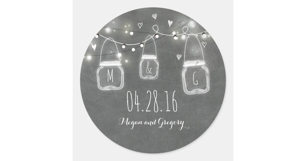 Rustic Chalkboard Mason Jar Lights Wedding Classic Round Sticker | Zazzle