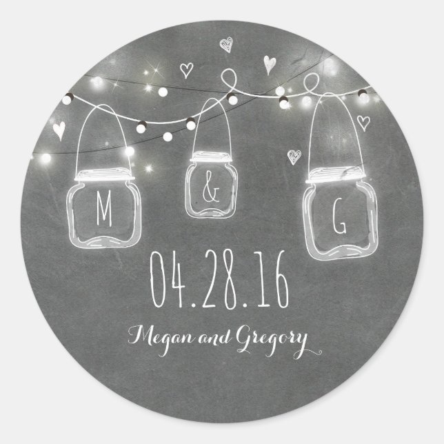 Rustic Chalkboard Mason Jar Lights Wedding Classic Round Sticker (Front)