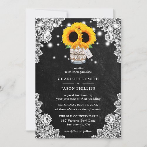 Rustic Chalkboard Mason Jar Sunflower Wedding Invitation