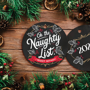Rustic Chalkboard "On the Naughty List." Christmas Ceramic Ornament