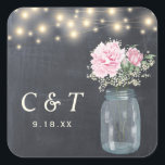 Rustic Chalkboard Peony Floral Mason Jar | Square Sticker<br><div class="desc">Beautiful rustic chalkboard featuring a mason jar vase with peony flowers and baby's breath with string lights across the top. For further customization, please click the "Customize it" button. All text style, colors, sizes can be modified to fit your personal needs. Matching items are available for this product. If you...</div>
