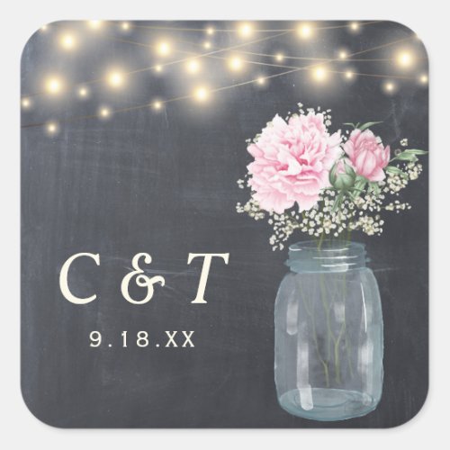 Rustic Chalkboard Peony Floral Mason Jar  Square Sticker