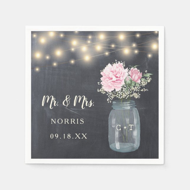 Rustic Chalkboard Peony Floral Mason Jar | Wedding Napkins (Front)