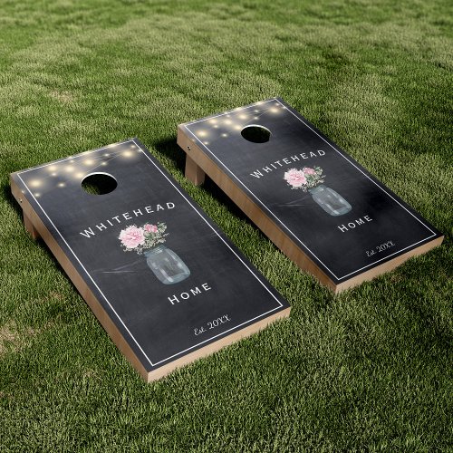 Rustic Chalkboard Peony Mason Jar Monogram Cornhole Set