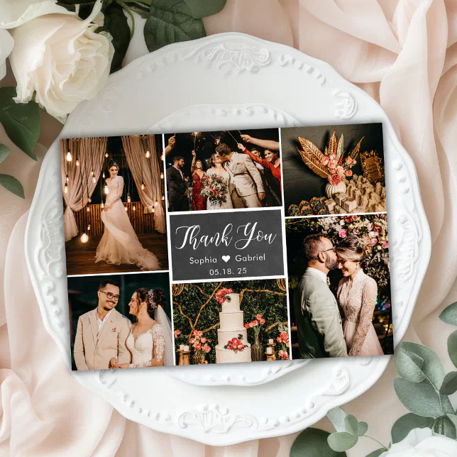 Rustic Chalkboard Photo Collage Wedding Thank You Postcard | Zazzle