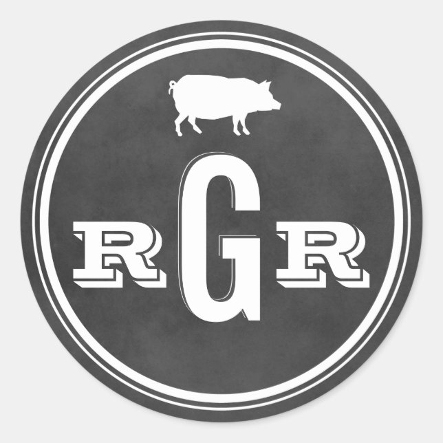 Rustic Chalkboard Pig Roast Monogram Wedding Classic Round Sticker (Front)