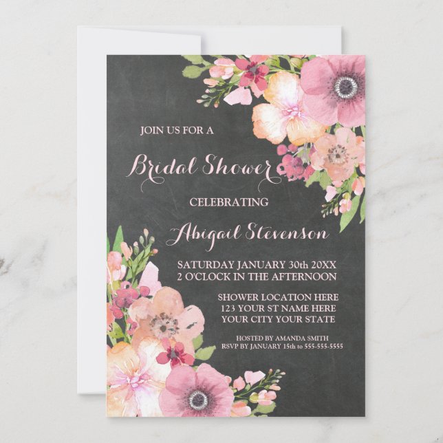 Rustic Chalkboard Pink Flowers Bridal Shower Invitation (Back)