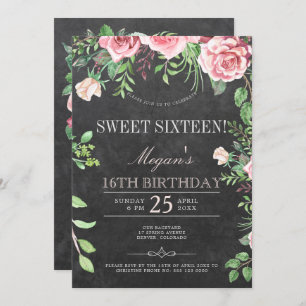 Rustic Chalkboard Pink Roses Garden Sweet Sixteen Invitation