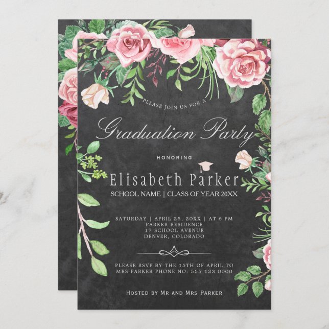 Rustic Chalkboard Pink Roses Graduation Party Invitation (Front/Back)