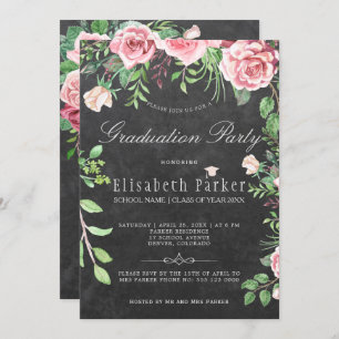Rustic Chalkboard Pink Roses Graduation Party Invitation