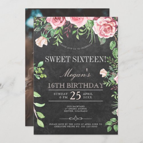 Rustic Chalkboard Pink Roses PHOTO Sweet Sixteen Invitation