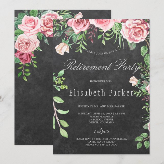 Rustic Chalkboard Pink Roses Retirement Party Invitation (Front/Back)