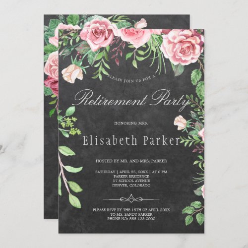 Rustic Chalkboard Pink Roses Retirement Party Invitation