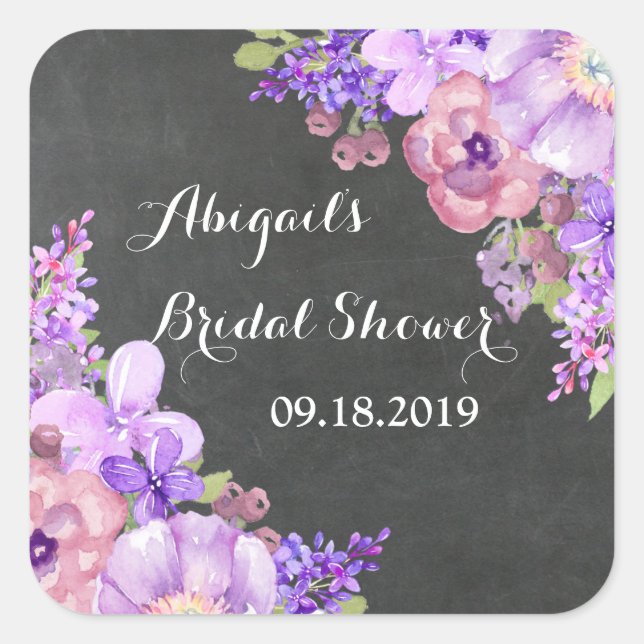Rustic Chalkboard Purple Floral Bridal Shower Tag (Front)