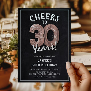 Rustic Chalkboard Rose Gold Balloons 30th Birthday Invitation