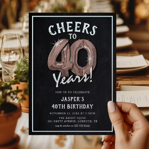 Rustic Chalkboard Rose Gold Balloons 40th Birthday Invitation