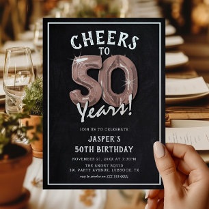 Rustic Chalkboard Rose Gold Balloons 50th Birthday Invitation