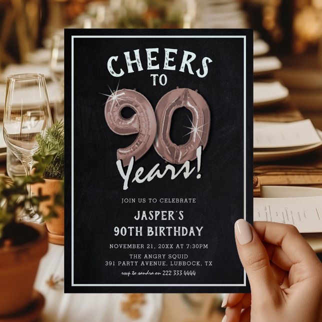 Rustic Chalkboard Rose Gold Balloons 90th Birthday Invitation (Creator Uploaded)