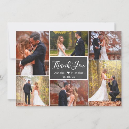 Rustic Chalkboard Script 6 Photo Collage Wedding  Thank You Card