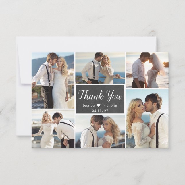 Rustic Chalkboard Script 6 Photo Collage Wedding Thank You Card (Front)