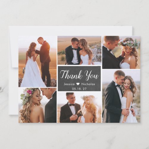 Rustic Chalkboard Script 6 Photo Collage Wedding Thank You Card