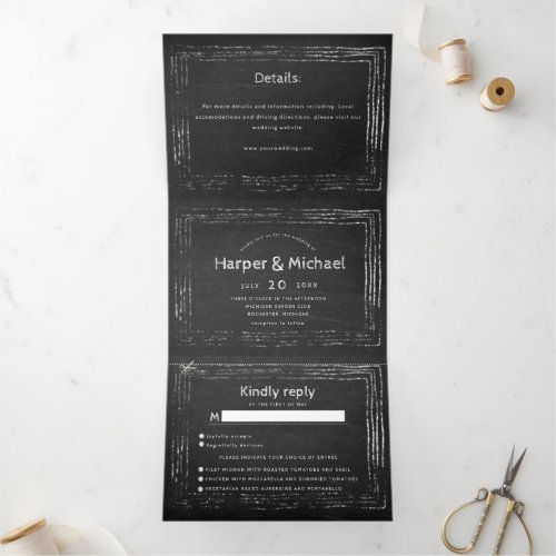 Rustic chalkboard script all in one wedding Tri_Fold invitation