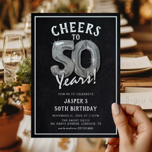 Rustic Chalkboard Silver Balloons 50th Birthday Invitation