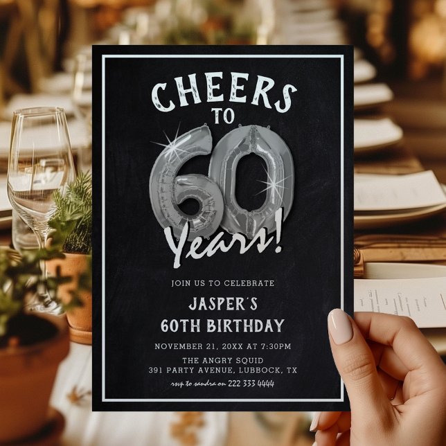Rustic Chalkboard Silver Balloons 60th Birthday Invitation (Creator Uploaded)