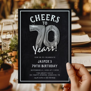 Rustic Chalkboard Silver Balloons 70th Birthday Invitation