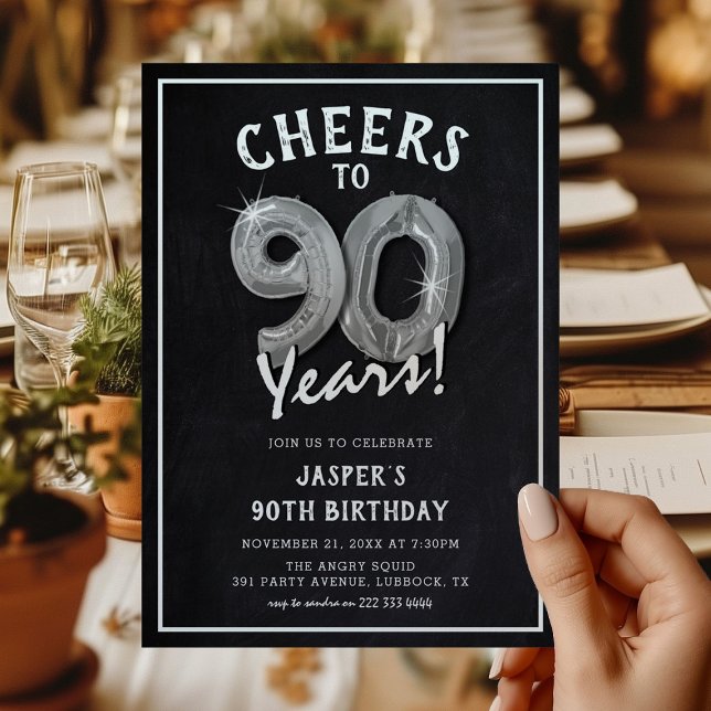Rustic Chalkboard Silver Balloons 90th Birthday Invitation (Creator Uploaded)