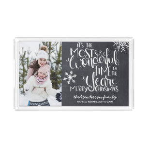 Rustic Chalkboard Snowflake Christmas Family Photo Acrylic Tray