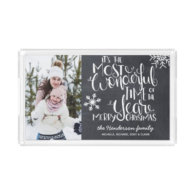 Rustic Chalkboard Snowflake Christmas Family Photo Acrylic Tray (Front)