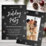 Rustic Chalkboard Snowflake Photo Holiday Party Invitation<br><div class="desc">Rustic Chalkboard Snowflakes Script Photo Holiday Party Invitations is perfect for a Rustic Christmas event. Features a „Holiday Party” text in a pretty hand lettered brush script in on black chalkboard background. One family photo at the back side. Easy to personalize with your name and party details.</div>