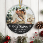 Rustic Chalkboard Snowflake Photo Merry Christmas  Ceramic Ornament<br><div class="desc">Rustic Chalkboard Snowflakes Hand Lettered Script "Merry Christmas" Family Photo Ornament. Features a family photo,  a Merry Christmas text which is written in handwritten calligraphy script,  snowflakes and year on black chalkboard or blackboard color background. Easy to personalize it.</div>