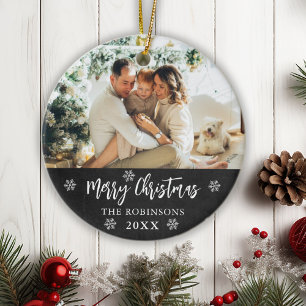 Rustic Chalkboard Snowflake Photo Merry Christmas  Ceramic Ornament