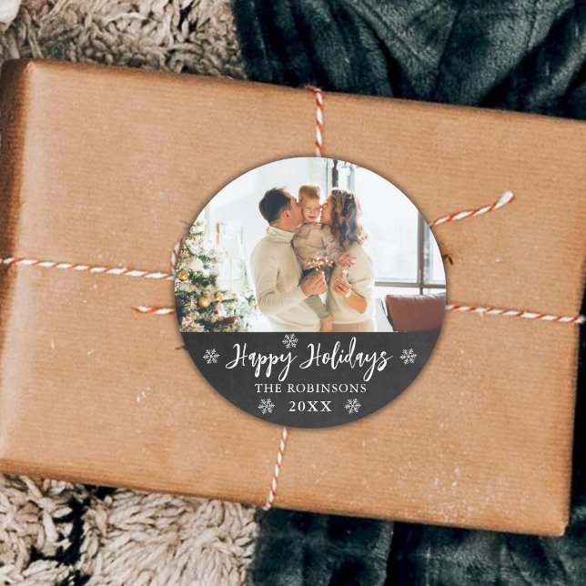 Rustic Chalkboard Snowflakes Photo Happy Holidays Classic Round Sticker (Creator Uploaded)