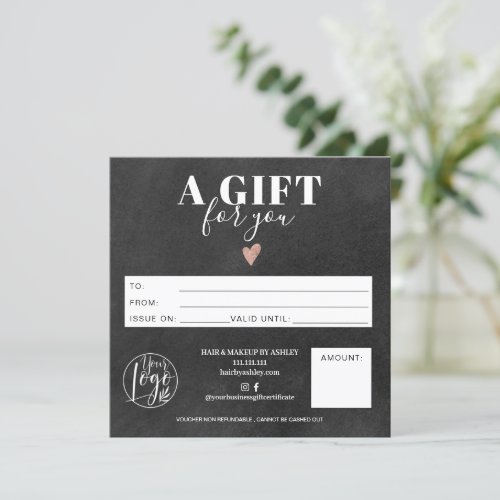 Rustic chalkboard square gift certificate logo