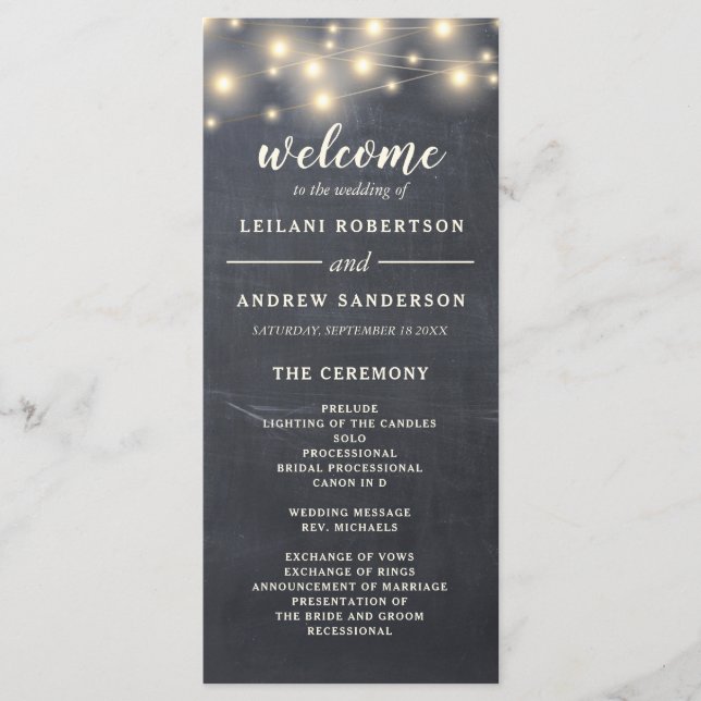 Rustic Chalkboard String Light Wedding Program (Front)