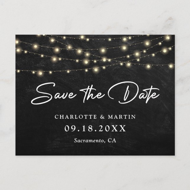 Rustic Chalkboard String Lights Save The Date Announcement Postcard (Front)