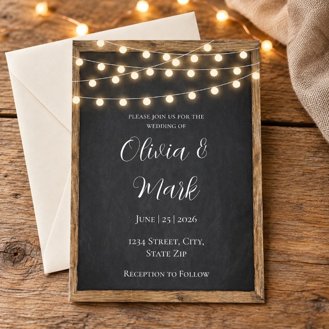 Rustic Chalkboard String Lights Wedding Invite (Creator Uploaded)
